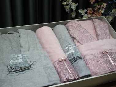 Eva Gold Guipure Embroidered Family Bathrobe Set 6 Pcs Powder Gray - Thumbnail