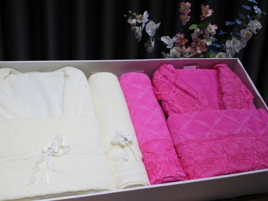 Eva Gold Ribbon Lux Family Bathrobe Set 6 Pieces Fuchsia Cream - Thumbnail