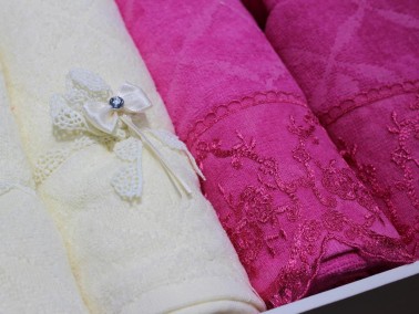 Eva Gold Ribbon Lux Family Bathrobe Set 6 Pieces Fuchsia Cream - Thumbnail