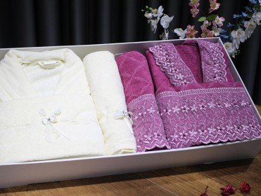 Eva Gold Ribbon Lux Family Bathrobe Set 6 Pcs Cream Plum - Thumbnail