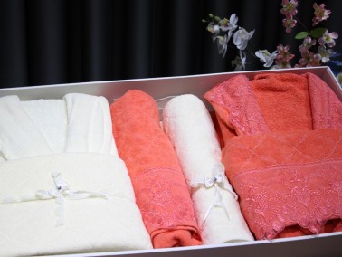 Eva Gold Ribbon Lux Family Bathrobe Set 6 Pieces Pomegranate Blossom Cream - Thumbnail
