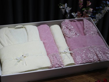 Eva Gold Ribbon Lux Family Bathrobe Set 6 Pieces Powder Cream - Thumbnail