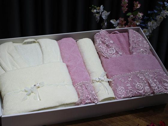 Eva Gold Ribbon Lux Family Bathrobe Set 6 Pieces Powder Cream