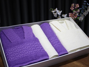 Eva Gold Clover Patterned Lux Family Bathrobe Set 6 Pieces Cream Purple - Thumbnail