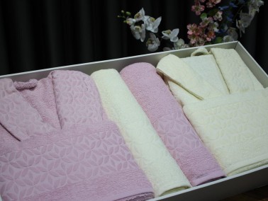 Eva Gold Clover Patterned Lux Family Bathrobe Set 6 Pcs Cream Powder - Thumbnail