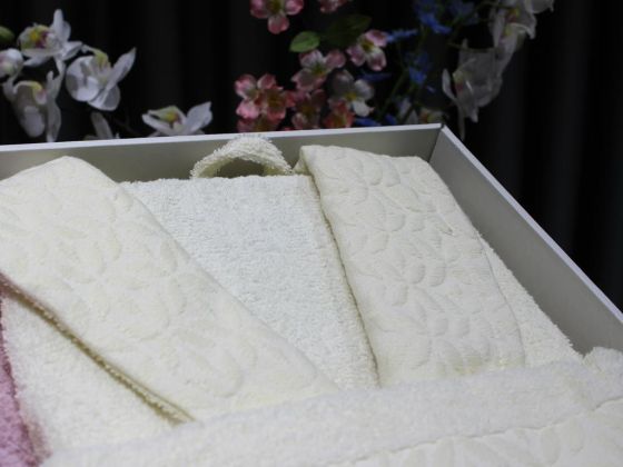 Eva Gold Clover Patterned Lux Family Bathrobe Set 6 Pcs Cream Powder