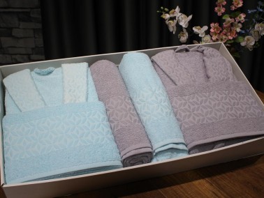 Eva Gold Clover Patterned Luxury Family Bathrobe Set 6 Pieces Mint Gray - Thumbnail