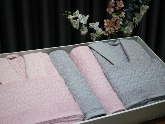 Eva Gold Clover Patterned Luxury Family Bathrobe Set 6 Pieces Powder Gray