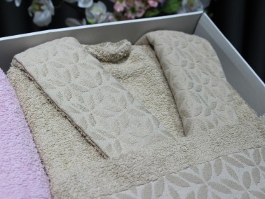 Eva Gold Clover Patterned Luxury Family Bathrobe Set 6 Pieces Powder Brown - Thumbnail