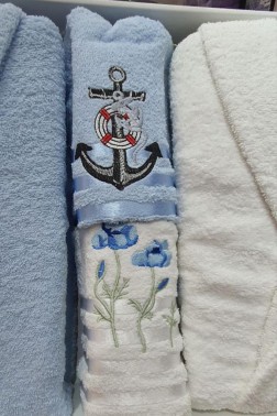 Family Embroidered Bathrobe Set 4 pcs, Bathrobe M-L, Towels 90x50 cm Cotton Blue White - Thumbnail