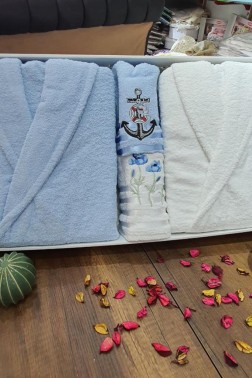 Family Embroidered Bathrobe Set 4 pcs, Bathrobe M-L, Towels 90x50 cm Cotton Blue White - Thumbnail