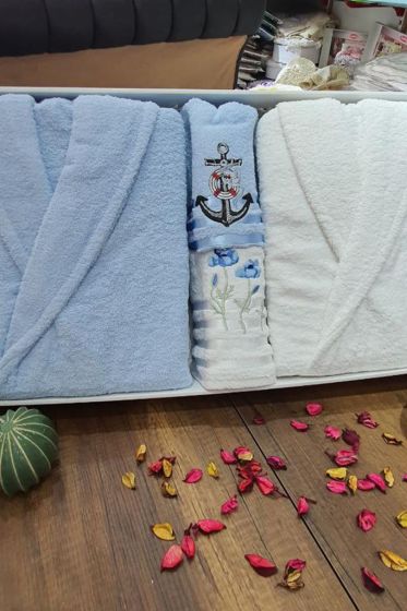 Family Embroidered Bathrobe Set 4 pcs, Bathrobe M-L, Towels 90x50 cm Cotton Blue White