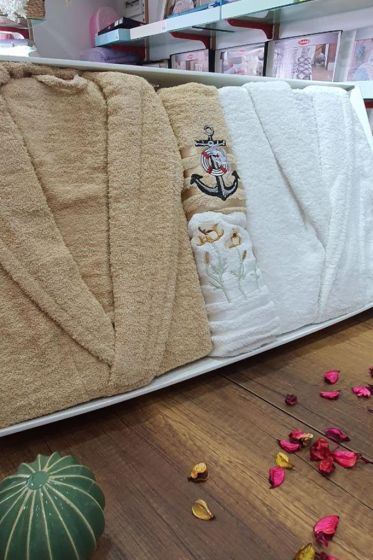 Family Embroidered Bathrobe Set 4 pcs, Bathrobe M-L, Towels 90x50 cm Cotton Cappucino White