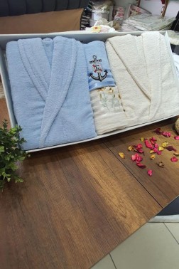 Family Embroidered Bathrobe Set 4 pcs, Bathrobe M-L, Towels 90x50 cm Cotton Cream Blue - Thumbnail