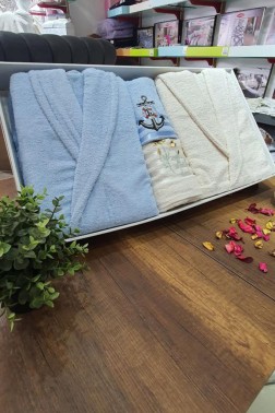 Family Embroidered Bathrobe Set 4 pcs, Bathrobe M-L, Towels 90x50 cm Cotton Cream Blue - Thumbnail