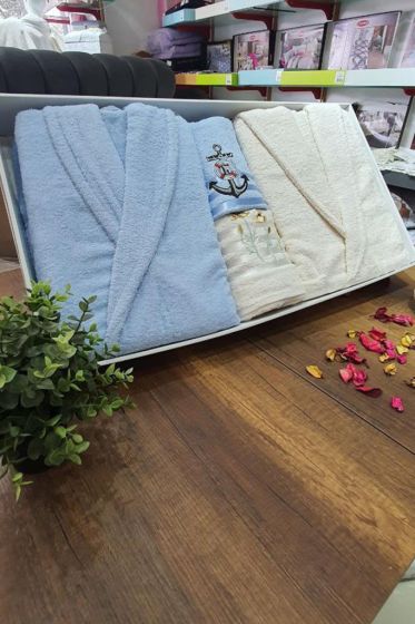Family Embroidered Bathrobe Set 4 pcs, Bathrobe M-L, Towels 90x50 cm Cotton Cream Blue