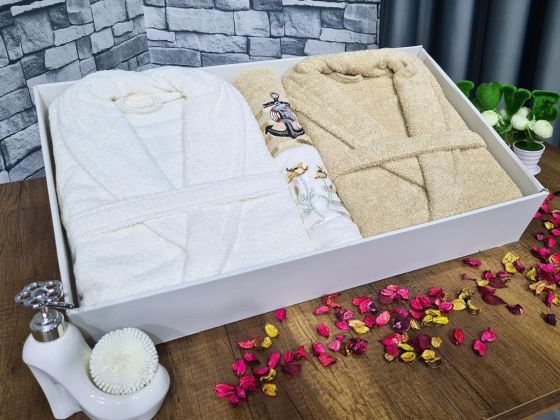 Family Embroidered Bathrobe Set 4 pcs, Bathrobe M-L, Towels 90x50 cm Cotton Cream Cappucino