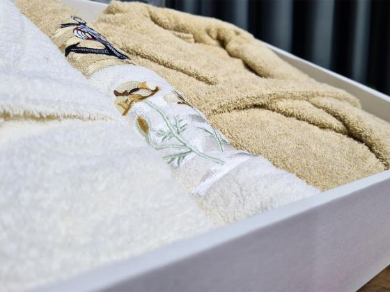 Family Embroidered Bathrobe Set 4 pcs, Bathrobe M-L, Towels 90x50 cm Cotton Cream Cappucino