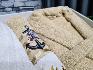 Family Embroidered Bathrobe Set 4 pcs, Bathrobe M-L, Towels 90x50 cm Cotton Cream Cappucino - Thumbnail