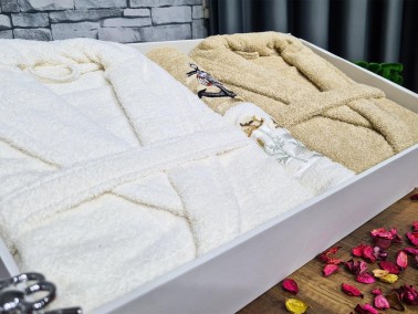 Family Embroidered Bathrobe Set 4 pcs, Bathrobe M-L, Towels 90x50 cm Cotton Cream Cappucino - Thumbnail