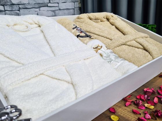 Family Embroidered Bathrobe Set 4 pcs, Bathrobe M-L, Towels 90x50 cm Cotton Cream Cappucino