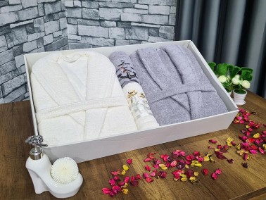 Family Embroidered Bathrobe Set 4 pcs, Bathrobe M-L, Towels 90x50 cm Cotton Cream Gray - Thumbnail