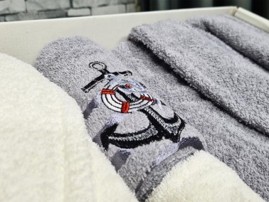 Family Embroidered Bathrobe Set 4 pcs, Bathrobe M-L, Towels 90x50 cm Cotton Cream Gray - Thumbnail