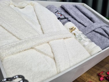 Family Embroidered Bathrobe Set 4 pcs, Bathrobe M-L, Towels 90x50 cm Cotton Cream Gray - Thumbnail