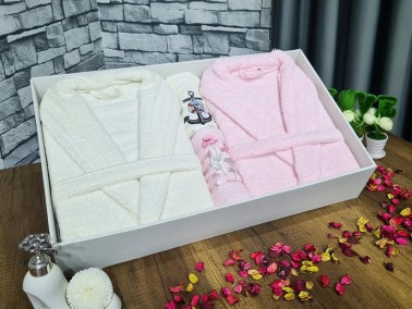 Family Embroidered Bathrobe Set 4 pcs, Bathrobe M-L, Towels 90x50 cm Cotton Cream Pink - Thumbnail