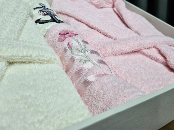 Family Embroidered Bathrobe Set 4 pcs, Bathrobe M-L, Towels 90x50 cm Cotton Cream Pink