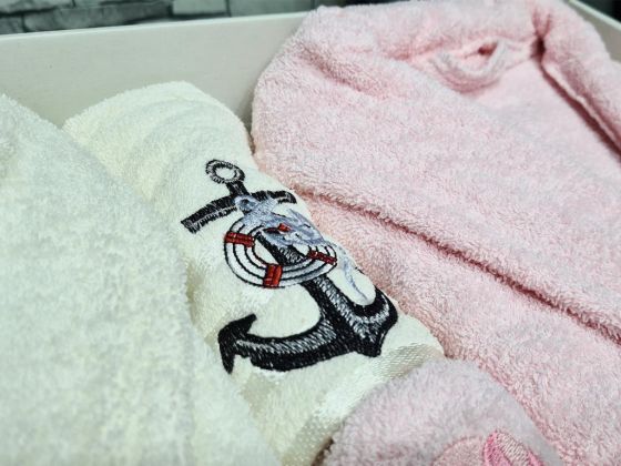 Family Embroidered Bathrobe Set 4 pcs, Bathrobe M-L, Towels 90x50 cm Cotton Cream Pink