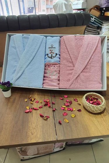 Family Embroidered Bathrobe Set 4 pcs, Bathrobe M-L, Towels 90x50 cm Cotton Dry Rose Blue