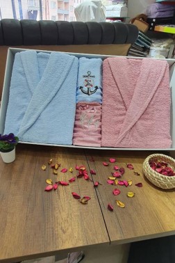 Family Embroidered Bathrobe Set 4 pcs, Bathrobe M-L, Towels 90x50 cm Cotton Dry Rose Blue - Thumbnail