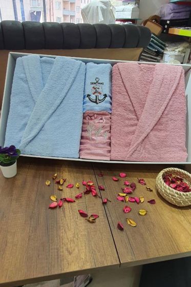 Family Embroidered Bathrobe Set 4 pcs, Bathrobe M-L, Towels 90x50 cm Cotton Dry Rose Blue