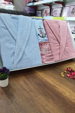 Family Embroidered Bathrobe Set 4 pcs, Bathrobe M-L, Towels 90x50 cm Cotton Dry Rose Blue - Thumbnail