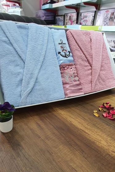 Family Embroidered Bathrobe Set 4 pcs, Bathrobe M-L, Towels 90x50 cm Cotton Dry Rose Blue
