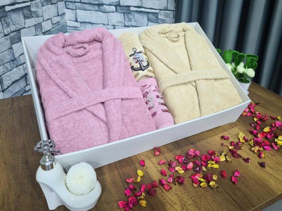 Family Embroidered Bathrobe Set 4 pcs, Bathrobe M-L, Towels 90x50 cm Cotton Dry Rose Cappucino