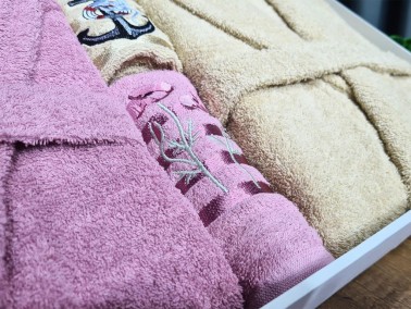 Family Embroidered Bathrobe Set 4 pcs, Bathrobe M-L, Towels 90x50 cm Cotton Dry Rose Cappucino - Thumbnail