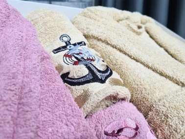 Family Embroidered Bathrobe Set 4 pcs, Bathrobe M-L, Towels 90x50 cm Cotton Dry Rose Cappucino - Thumbnail