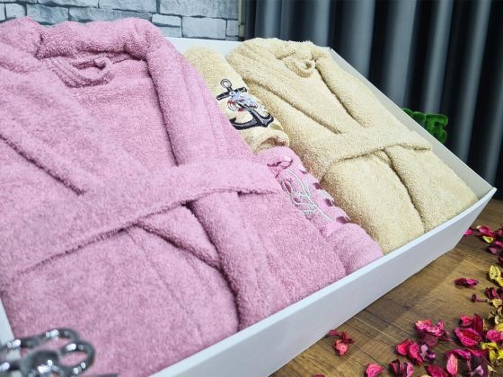 Family Embroidered Bathrobe Set 4 pcs, Bathrobe M-L, Towels 90x50 cm Cotton Dry Rose Cappucino