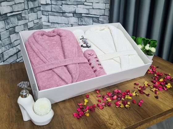 Family Embroidered Bathrobe Set 4 pcs, Bathrobe M-L, Towels 90x50 cm Cotton Dry Rose Cream