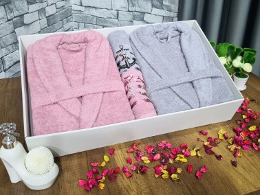 Family Embroidered Bathrobe Set 4 pcs, Bathrobe M-L, Towels 90x50 cm Cotton Dry Rose Gray - Thumbnail