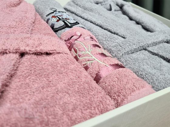 Family Embroidered Bathrobe Set 4 pcs, Bathrobe M-L, Towels 90x50 cm Cotton Dry Rose Gray