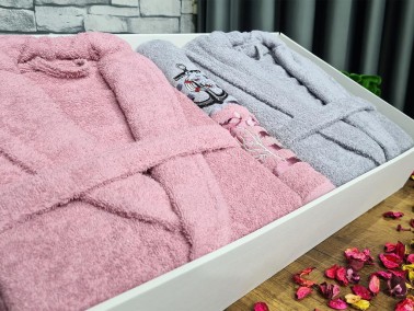 Family Embroidered Bathrobe Set 4 pcs, Bathrobe M-L, Towels 90x50 cm Cotton Dry Rose Gray - Thumbnail