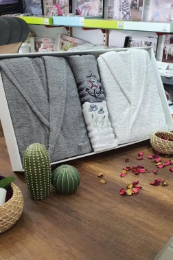 Family Embroidered Bathrobe Set 4 pcs, Bathrobe M-L, Towels 90x50 cm Cotton Gray White - Thumbnail