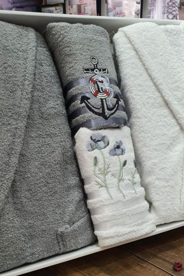 Family Embroidered Bathrobe Set 4 pcs, Bathrobe M-L, Towels 90x50 cm Cotton Gray White