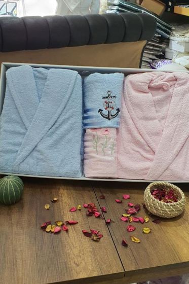 Family Embroidered Bathrobe Set 4 pcs, Bathrobe M-L, Towels 90x50 cm Cotton Pink Blue