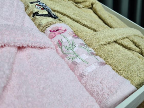 Family Embroidered Bathrobe Set 4 pcs, Bathrobe M-L, Towels 90x50 cm Cotton Pink Cappucino