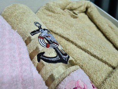 Family Embroidered Bathrobe Set 4 pcs, Bathrobe M-L, Towels 90x50 cm Cotton Pink Cappucino - Thumbnail