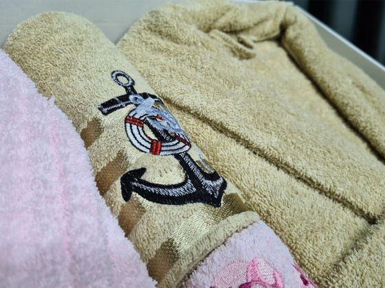 Family Embroidered Bathrobe Set 4 pcs, Bathrobe M-L, Towels 90x50 cm Cotton Pink Cappucino